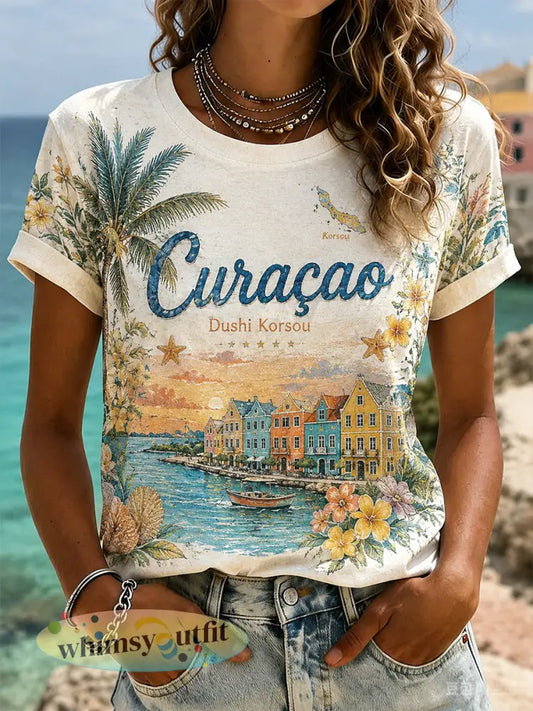 Casual t-shirt voor dames met korte mouwen een print met eilandvakantie-thema en ronde hals - A / S