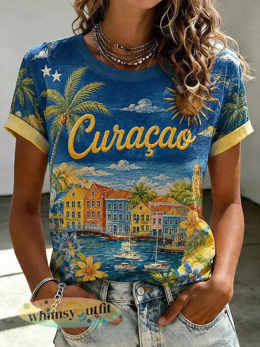 Casual t-shirt voor dames met korte mouwen een print met eilandvakantie-thema en ronde hals - A / S