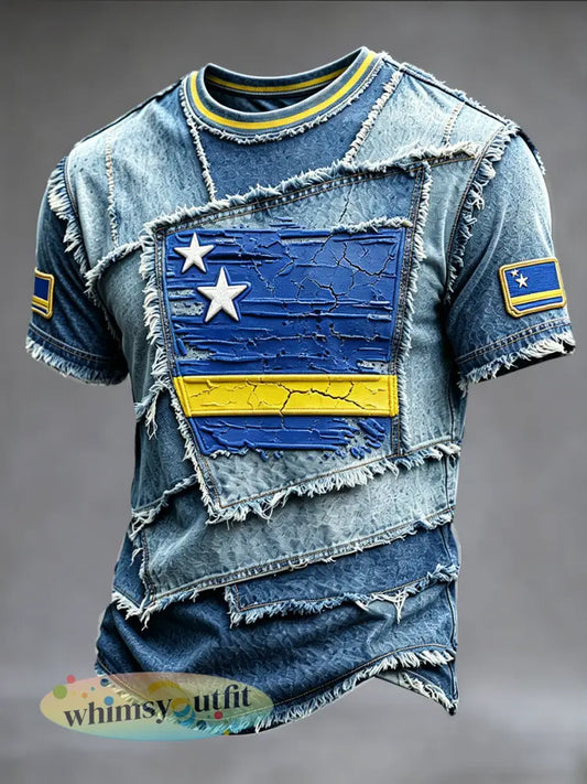 Casual t-shirt voor heren in spijkerstijl met patchwork en Curaçaose vlagopdruk - Blauw / S