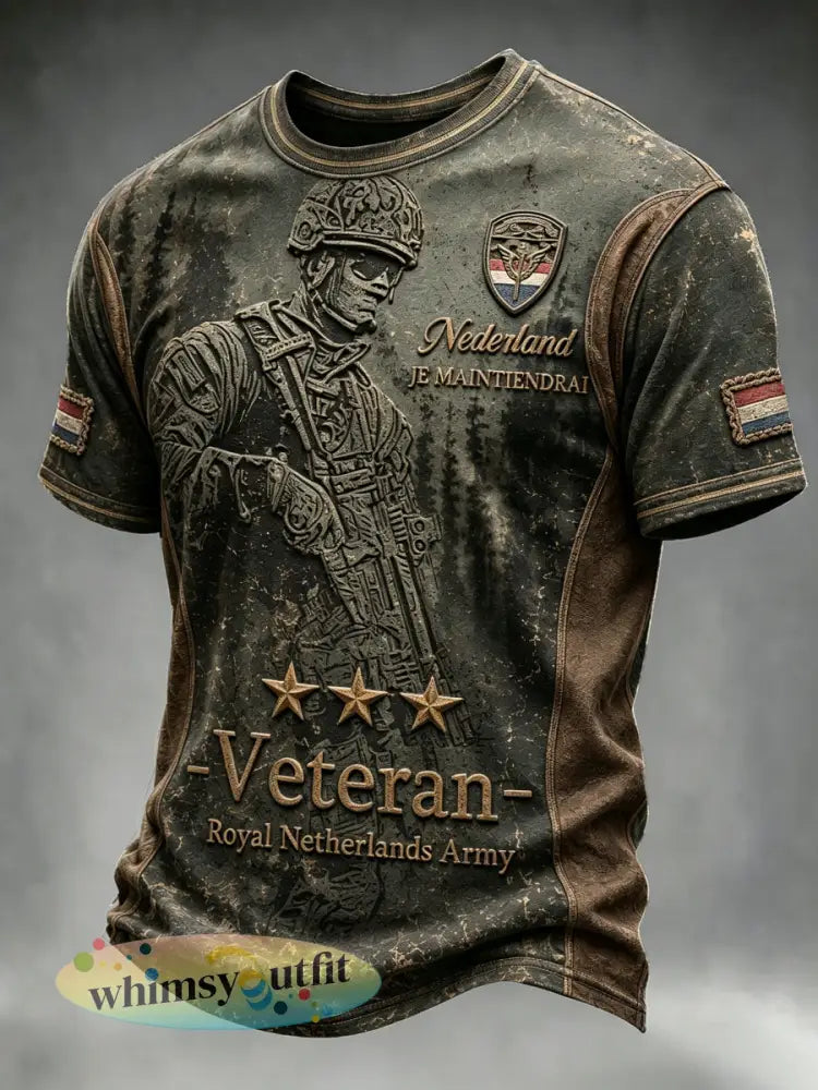 Casual t-shirt voor heren in vintagestijl met Nederlandse militaire camouflage patchwork en print - Groene Leger / S