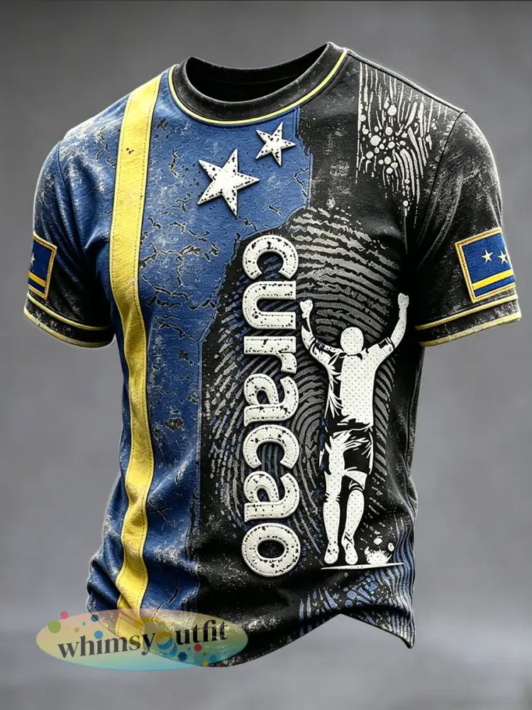 Casual t-shirt voor heren met 3D-geprint vlag van Curaçao - Zwart / S