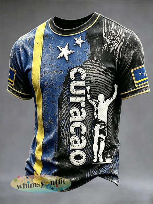 Casual t-shirt voor heren met 3D-geprint vlag van Curaçao - Zwart / S