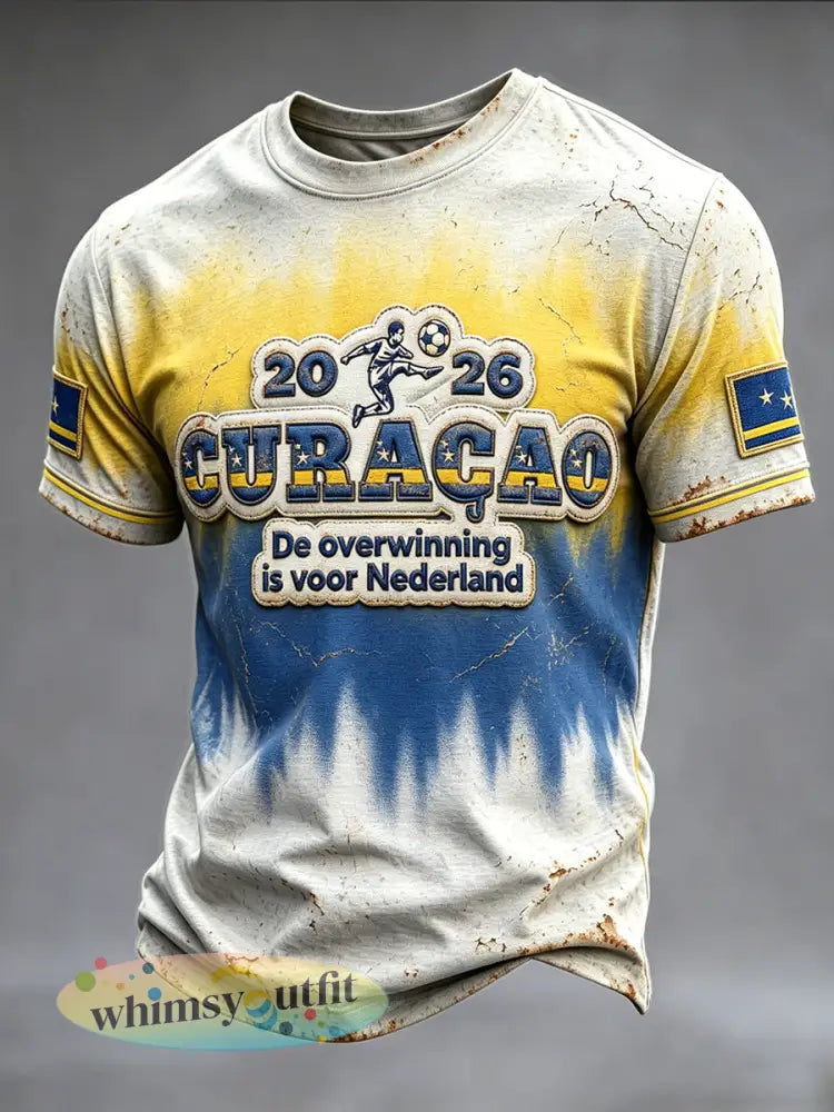 Casual t-shirt voor heren met Curaçaos voetbalgraffiti en 3D-print - Lichtgrijs / S