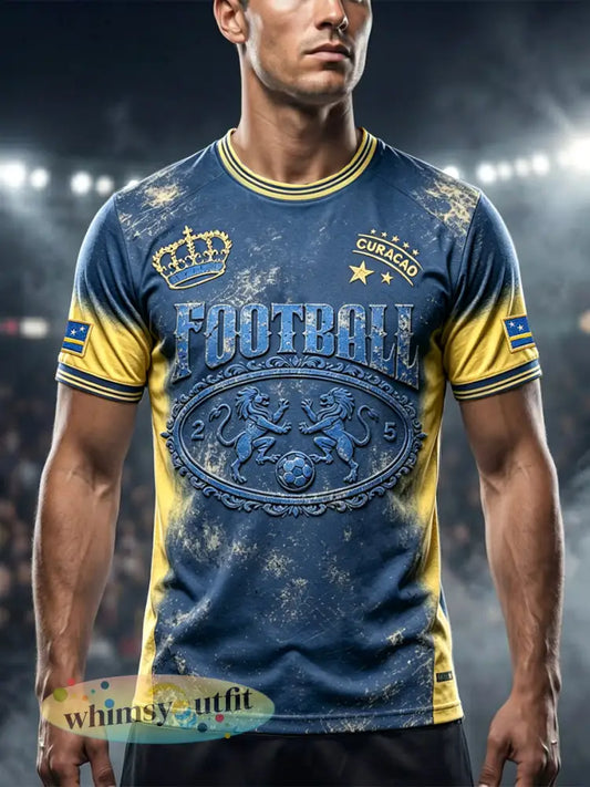 Casual t-shirt voor heren met Curaçaose voetbalgradiëntprint - Blauw / S