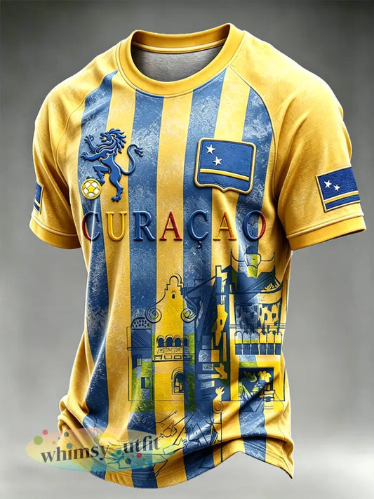Casual t-shirt voor heren met gestreept voetbalontwerp en vrije schouders van Curaçao - Veelkleurig / S