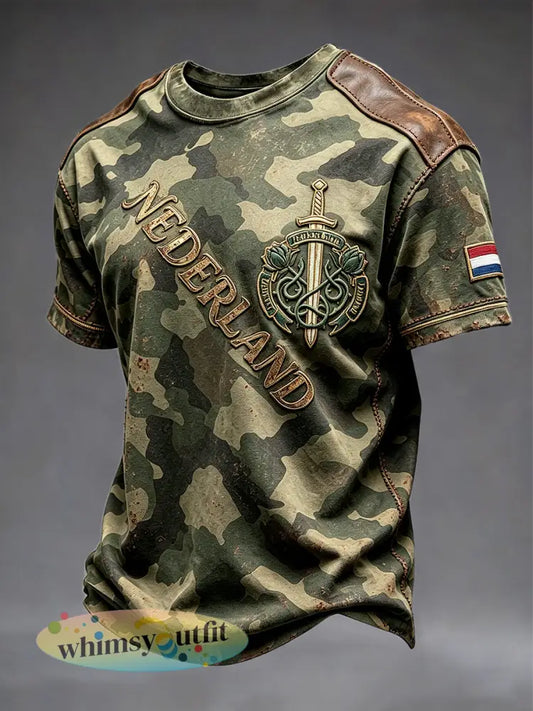 Casual t-shirt voor heren met Nederlandse militaire camouflageprint voor veteranen - Groene Leger / S