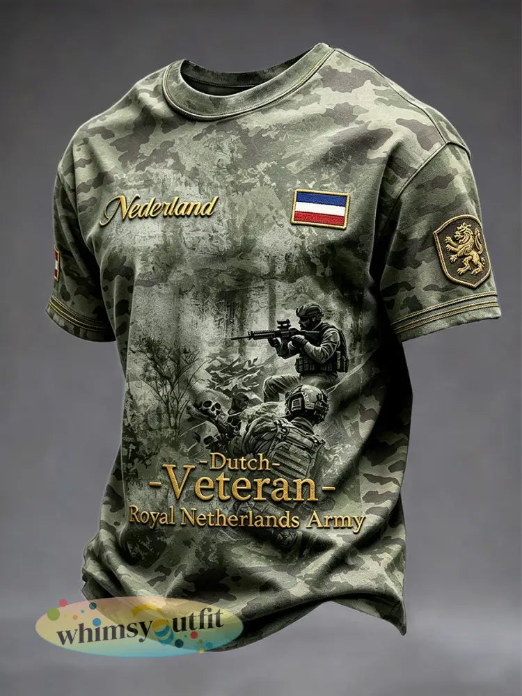 Casual t-shirt voor heren met Nederlandse vlag en militair motief voor veteranen - Groene Leger / S