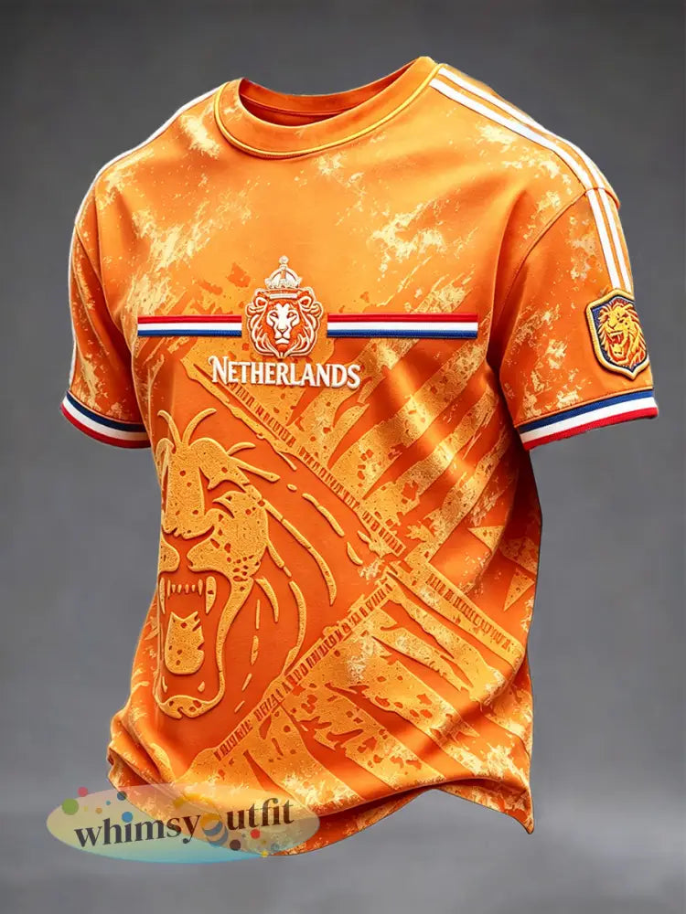 Casual t-shirt voor heren met Nederlandse vlaggenprint - Sinaasappel / S