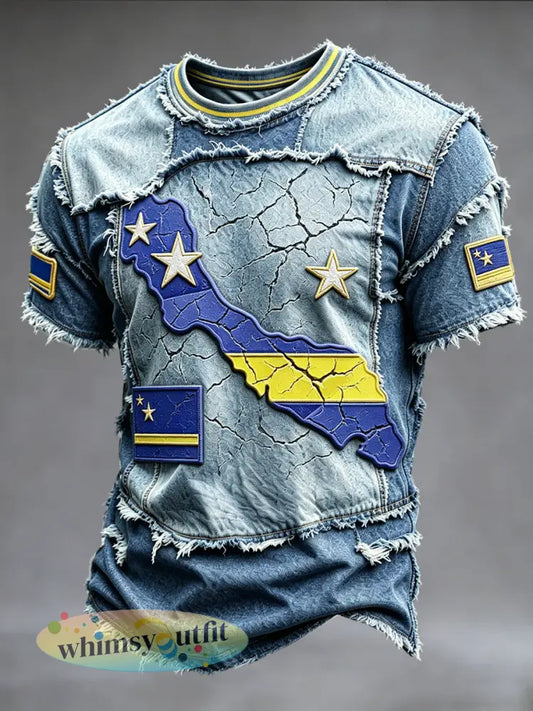 Casual t-shirt voor heren met vlag van Curaçao en denimstijl met patchworkprint - Blauw / S