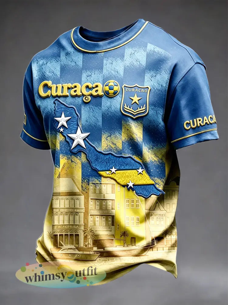 Casual T-shirt voor heren met voetbal- en checkprint van Curaçao - Blauw / S