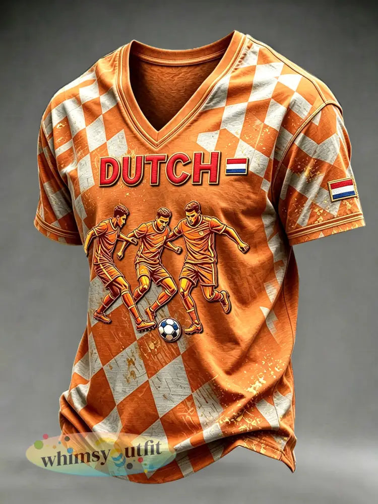 Casual t-shirt voor heren met voetbalprint in Nederlandse stijl - Sinaasappel / S