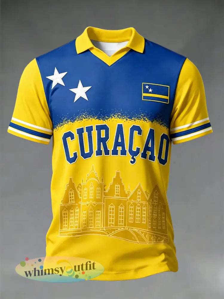 Casual t-shirt voor heren met voetbalprint van Curaçao - Geel / S