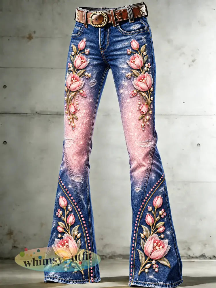Casual uitlopende damesbroek met tulp- en bloemenprint in verloopkleuren - Veelkleurig / S