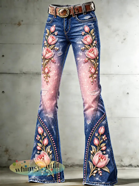 Casual uitlopende damesbroek met tulp- en bloemenprint in verloopkleuren - Veelkleurig / S