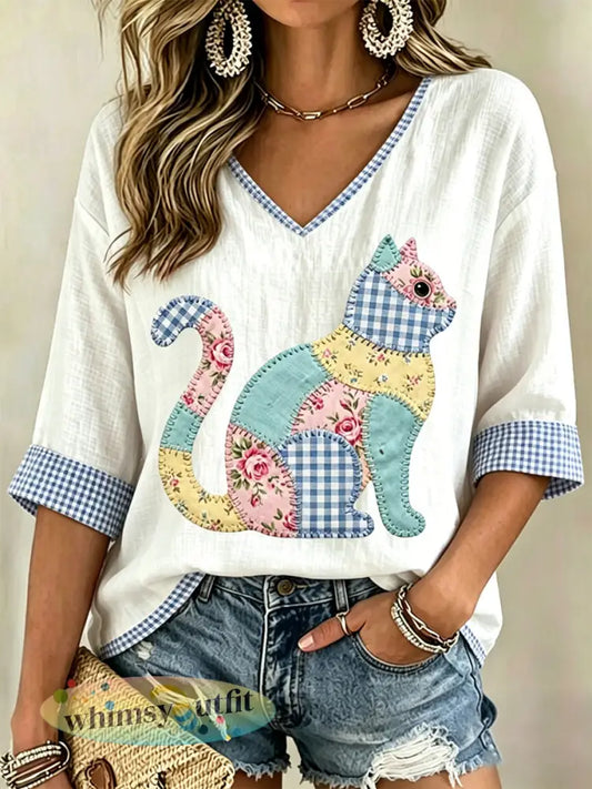 Casual V-hals top met gebloemde kat en print voor dames - Wit / S