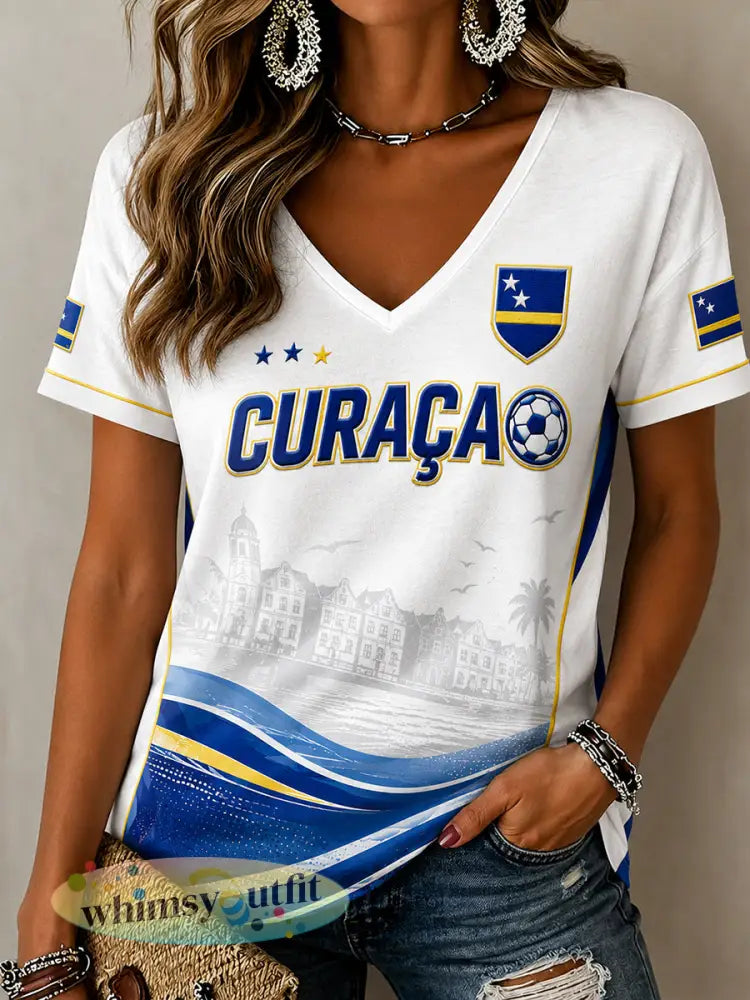 Casual V-hals top met voetbalprint voor dames - A / S
