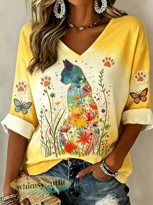 Casual V-hals top voor dames met dierenkunstprint - A / S