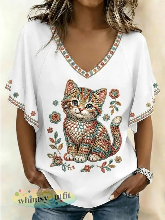 Cat Art T-shirt voor dames met korte mouwen - als foto / S