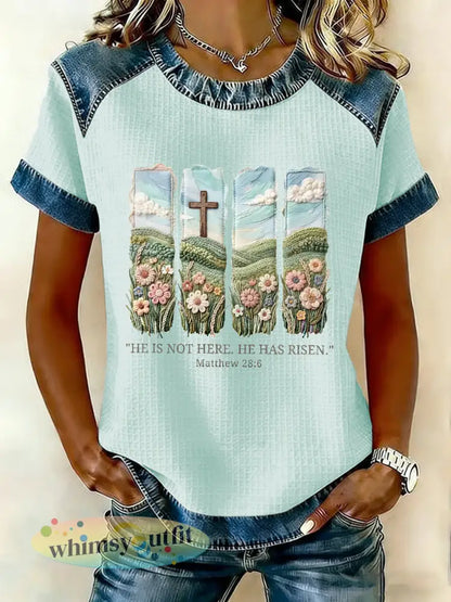 Christelijk Pasen voor dames Hij is hier niet hij is opgestaan Matthew 28:6 Waffle Patchwork T-shirt met korte mouwen
