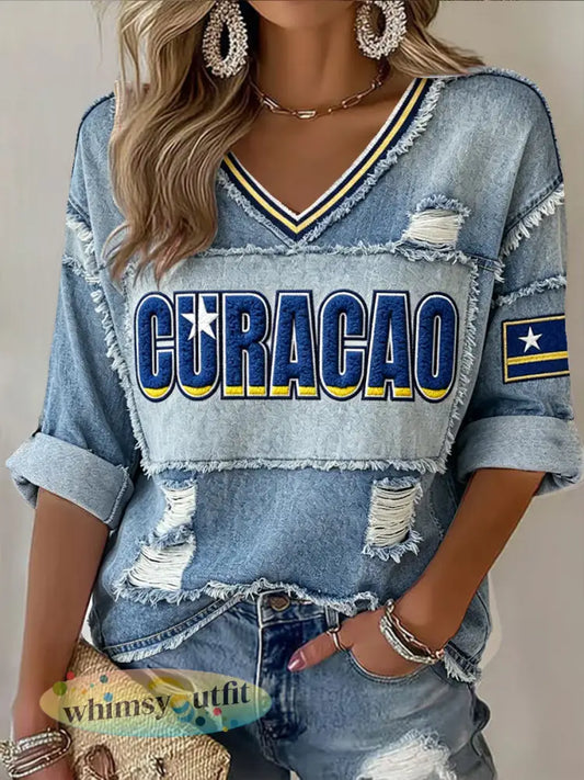 Curaçao 3D faux denim patchwork print casual V-hals T-shirt - Blauw / S