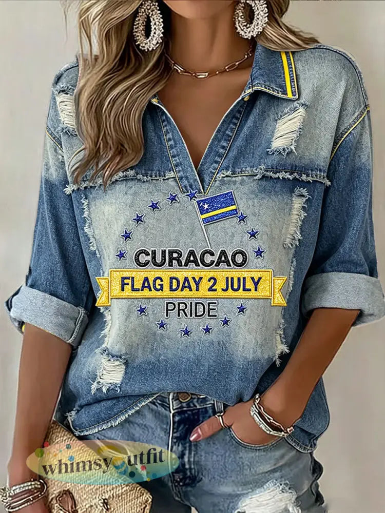 Curaçao Dames Vlag Dag Denim Patchwork Print Casual V-hals Polo T-shirt - Blauw / S