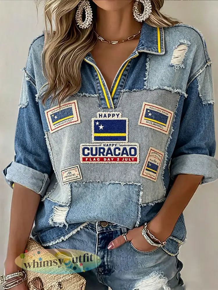 Curaçao Dames Vlag Dag Vintage Denim Patchwork Print Casual V-hals poloshirt - Blauw / S