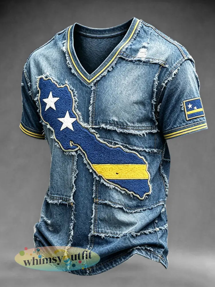 Curaçao kaart denim patchwork print casual V-hals T-shirt - Blauw / S