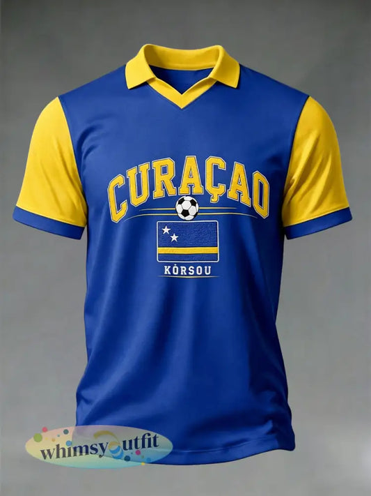 Curaçao Mannen Voetbalprint Casual T-shirt - Blauw / S