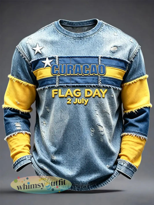 Curaçao Vlag Dag Patchwork Print Casual Retro T-shirt met lange mouwen - Blauw / S