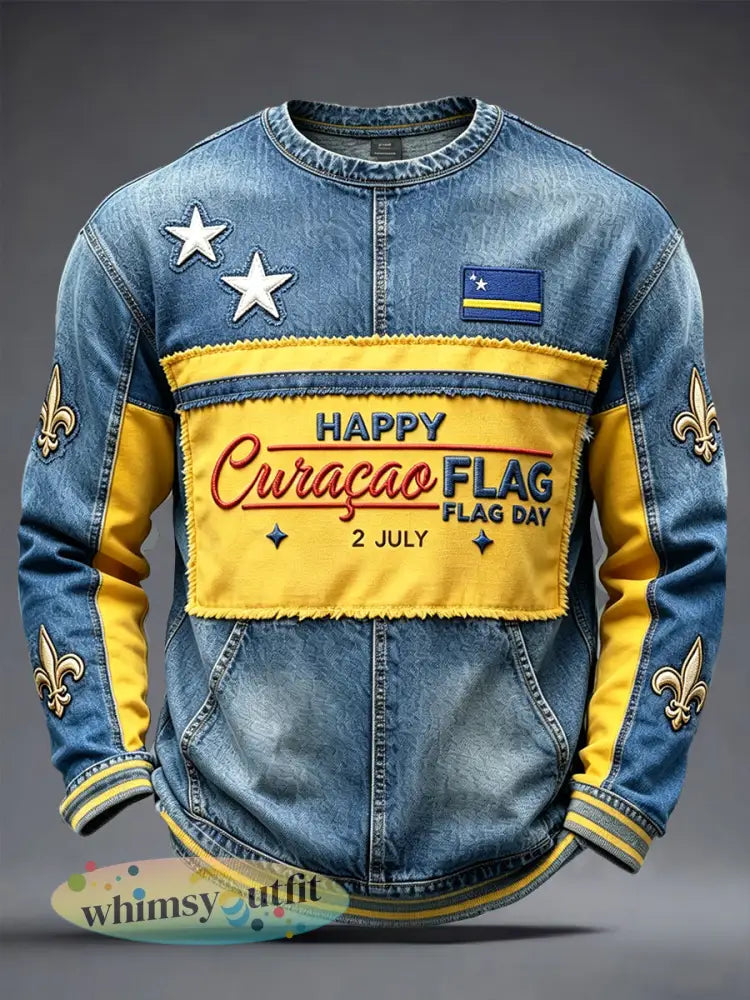 Curaçao Vlag Dag Retro Patchwork Print T-shirt met lange mouwen - Blauw / S