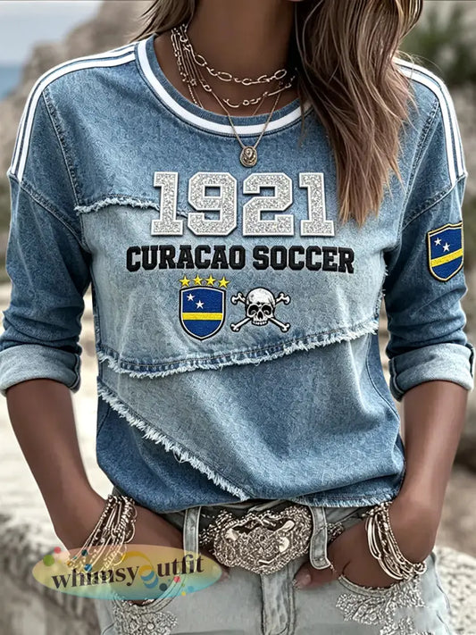 Curaçao voetbal 3D denim-effect patchwork print casual T-shirt met lange mouwen - Blauw / S