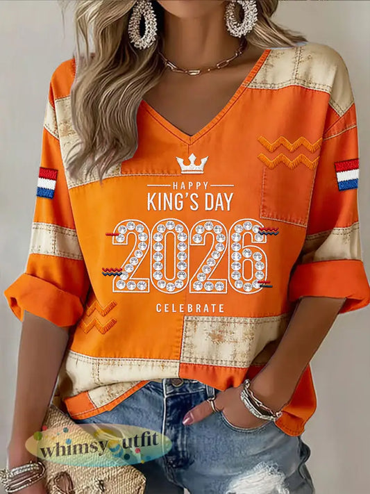 Dames 2026 koningsdag vintage patchwork print casual V-hals T-shirt - Sinaasappel / S