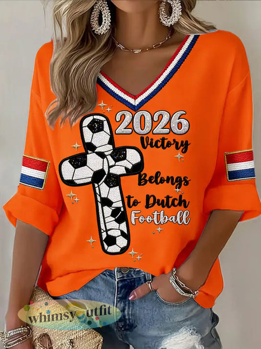Dames 2026 Nederland Voetbal Cross Print Casual T-shirt met V-hals - Sinaasappel / S