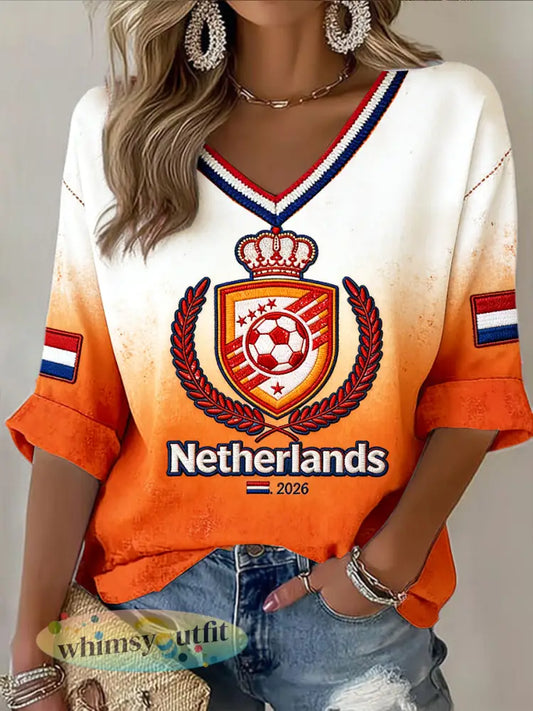 Dames 2026 Nederland voetbal vintage gradiëntprint casual T-shirt met V-hals - Oranje wit / S