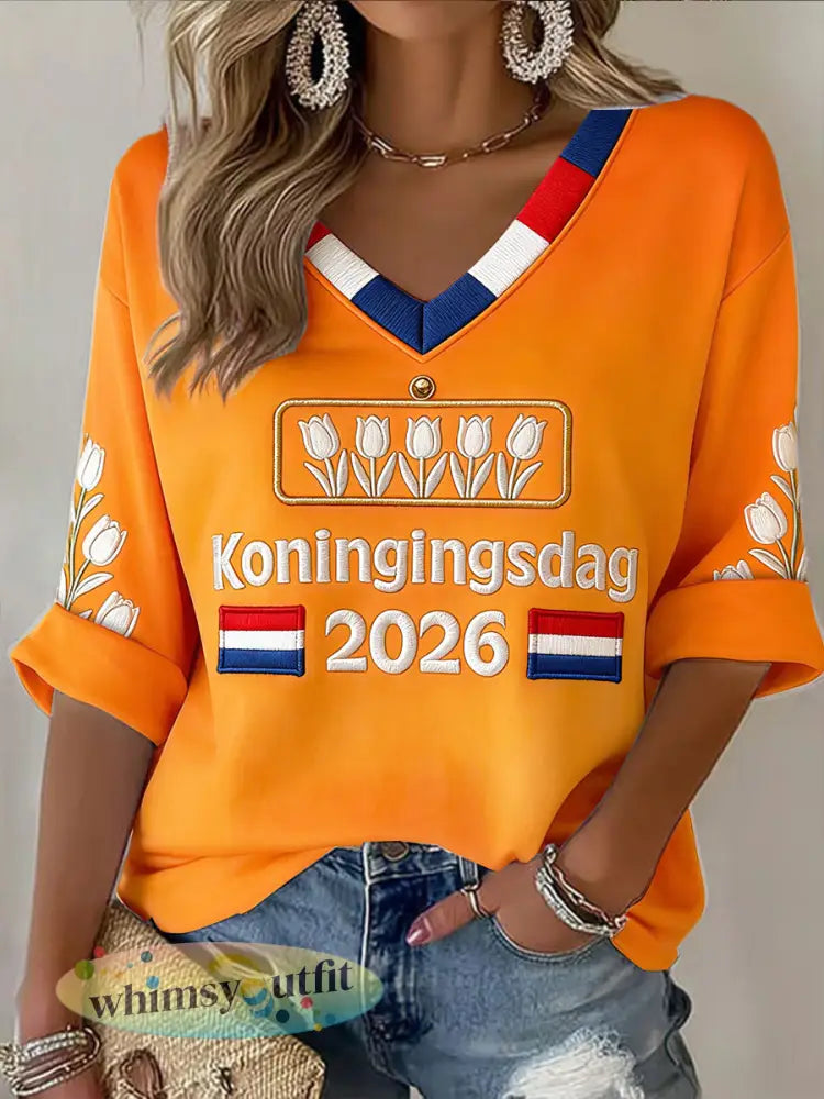 Dames 2026 Nederlandse Vlag Koningsdag print casual V-hals T-shirt - Sinaasappel / S