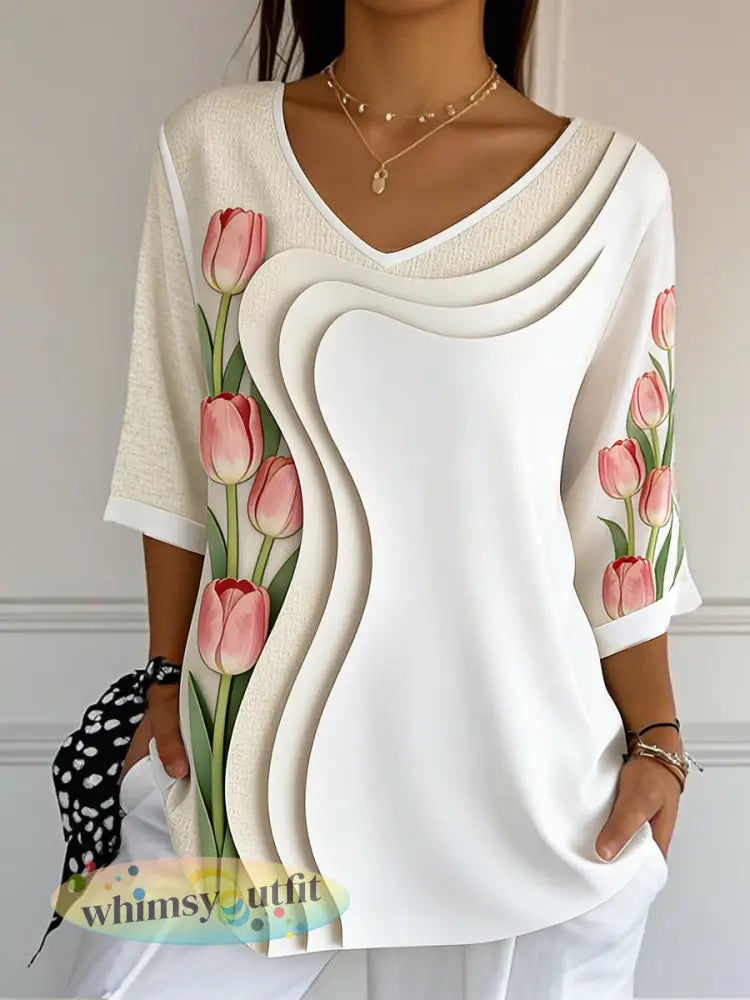 Dames 3D-geprint tulp Moederdag cadeau casual V-hals T-shirt - Romig-Wit / S