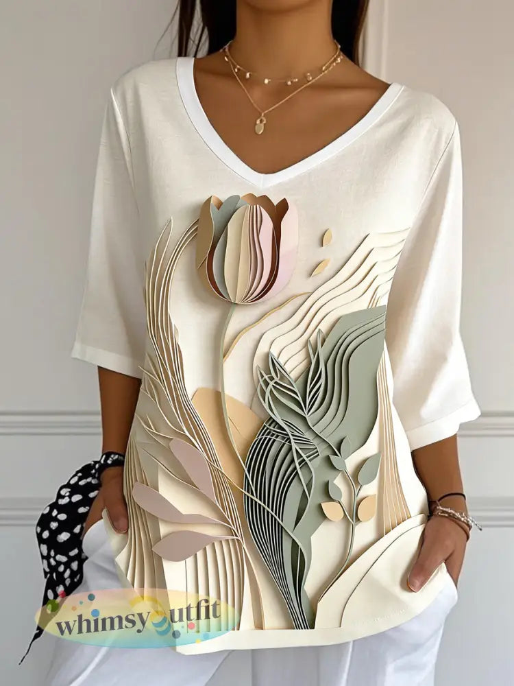 Dames 3D-geprint tulp Moederdag cadeau mode V-hals T-shirt - Romig-Wit / S