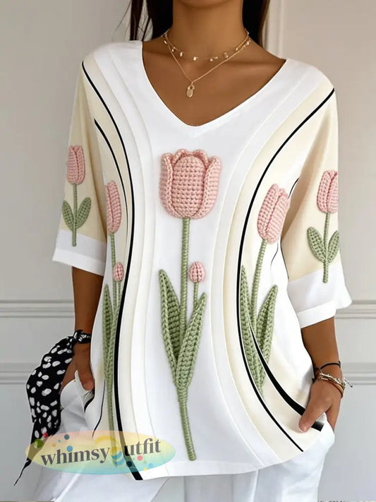 Dames 3D tulpenprint moederdag cadeau casual mode V-hals T-shirt - Romig-Wit / S