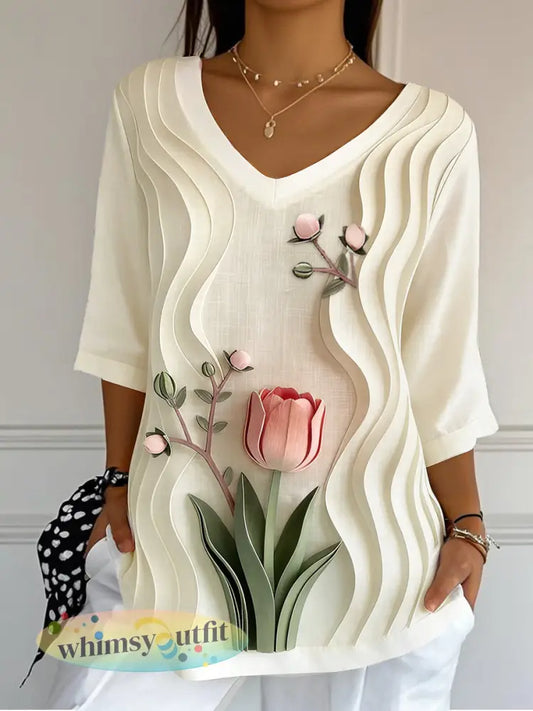 Dames 3D Tulpenprint Moederdag cadeau casual V-hals T-shirt met korte mouwen - Romig-Wit / S