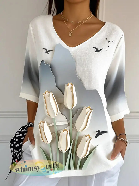 Dames 3D Tulpenprint Moederdag cadeau casual V-hals T-shirt - Veelkleurig / S