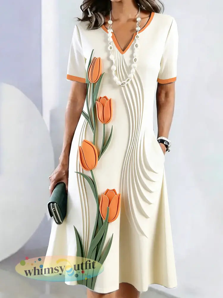 Dames 3D Tulpenprint Moederdag cadeau mode V-hals jurk - Romig-Wit / S