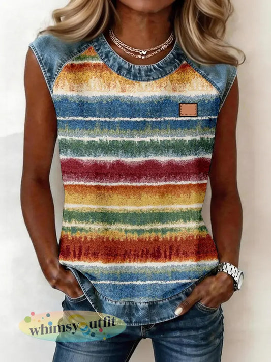 Dames abstracte kunst gestreept patroon denim patchwork mouwloze top - als foto / S