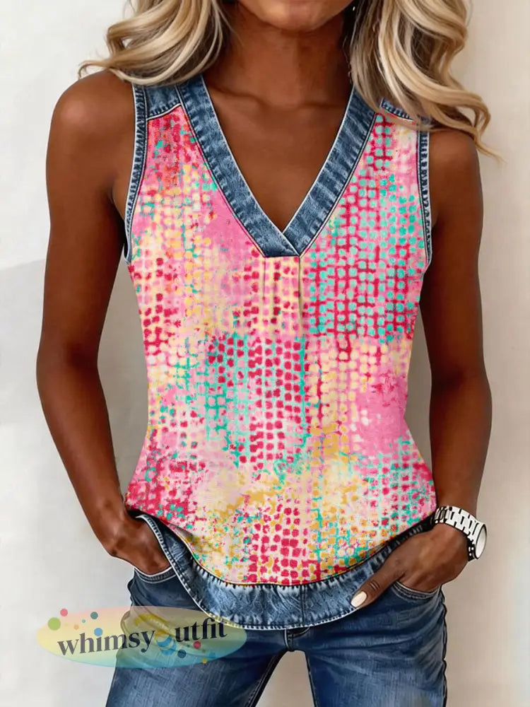 Dames abstracte kunst print denim patchwork top - als foto / S