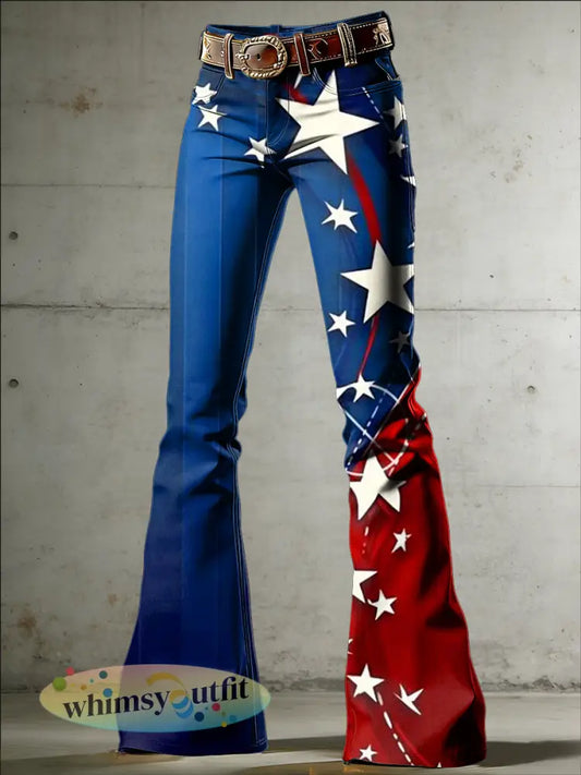 Dames Amerikaanse vlag kunstprint uitlopende broek - Blauw / S