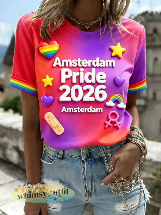 Dames Amsterdam 2026 LGBT 3D-geprint casual t-shirt - Veelkleurig / S