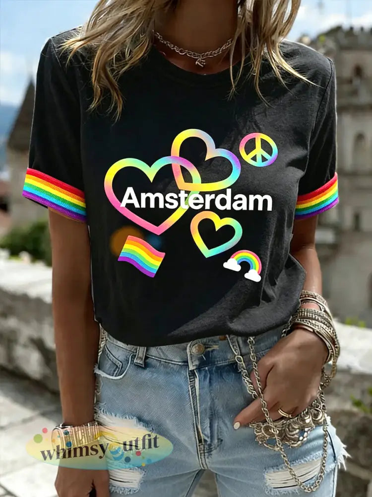 Dames Amsterdam Pride LHBT-print zwart casual T-shirt - Zwart / S