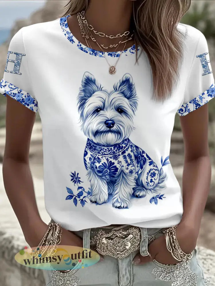 Dames Animal Hond Retro Unisex Casual T-shirt met korte mouwen - Wit / S