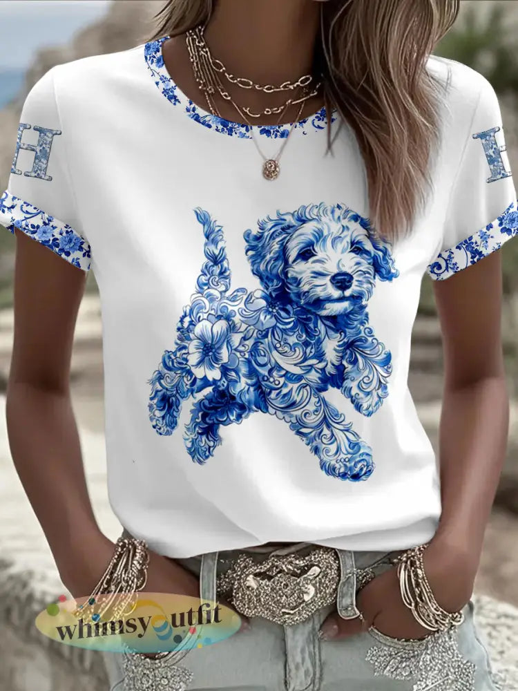 Dames Animal Hond Retro Unisex Casual T-shirt met korte mouwen - Wit / S