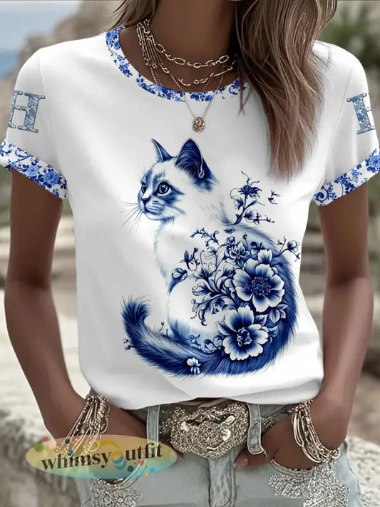 Dames Animal Kat Retro Unisex Casual T-shirt met korte mouwen - Wit / S