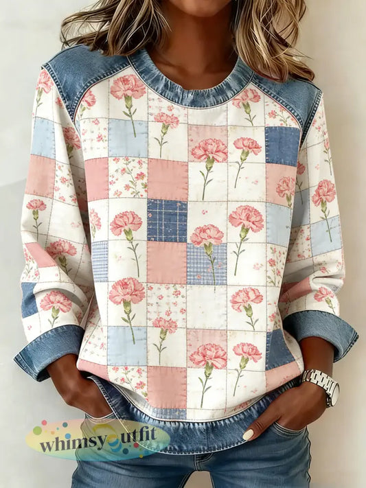 Dames anjer bloemenprint denim patchwork top - als foto / S
